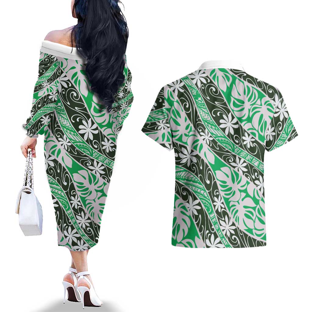 Matie Tahiti Tiare Monstera Couples Matching Off The Shoulder Long Sleeve Dress and Hawaiian Shirt Polynesian Pattern Curve Style LT01 - Polynesian Pride