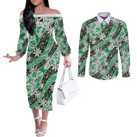 Matie Tahiti Tiare Monstera Couples Matching Off The Shoulder Long Sleeve Dress and Long Sleeve Button Shirt Polynesian Pattern Curve Style LT01 Green - Polynesian Pride