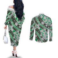 Matie Tahiti Tiare Monstera Couples Matching Off The Shoulder Long Sleeve Dress and Long Sleeve Button Shirt Polynesian Pattern Curve Style LT01 - Polynesian Pride