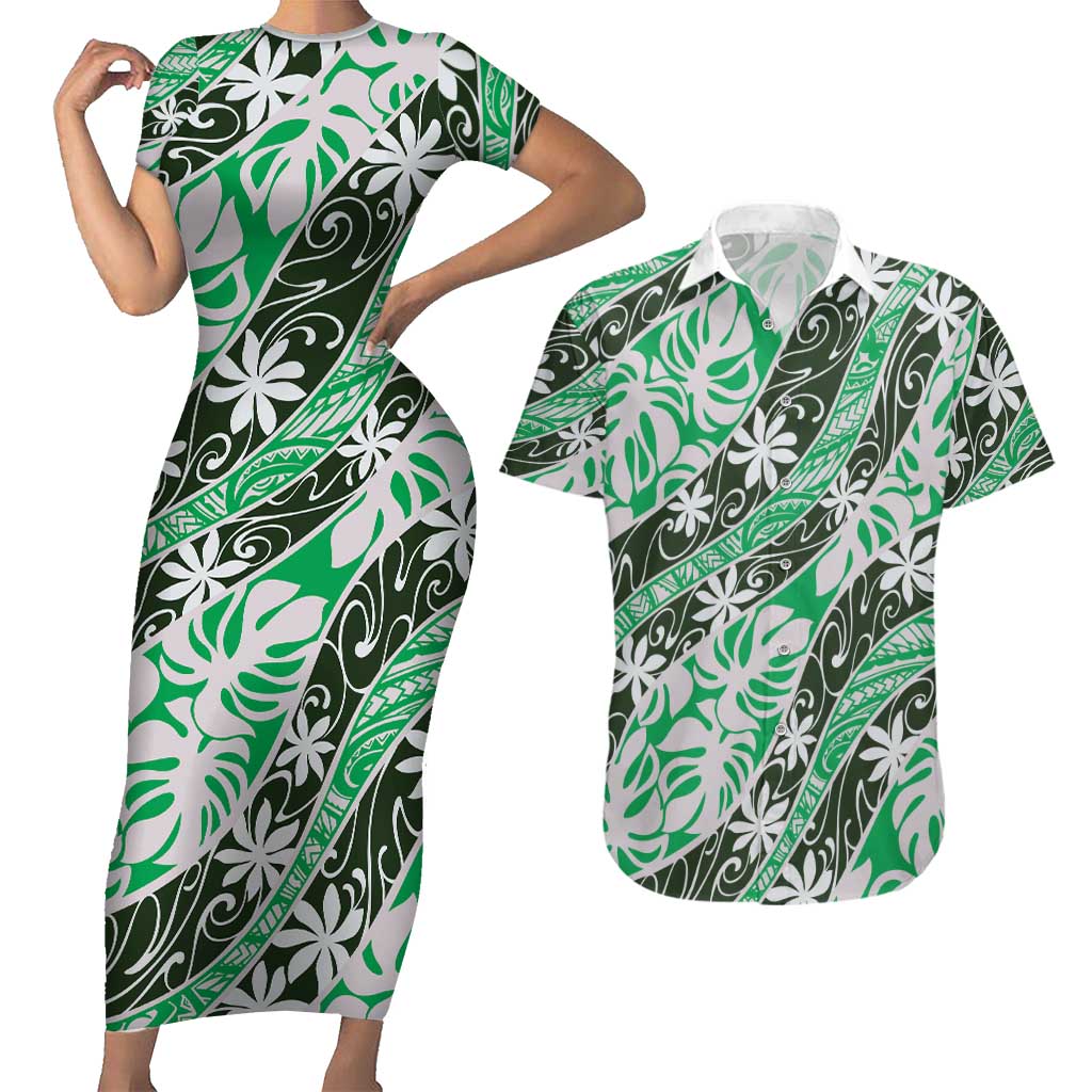 Matie Tahiti Tiare Monstera Couples Matching Short Sleeve Bodycon Dress and Hawaiian Shirt Polynesian Pattern Curve Style LT01 Green - Polynesian Pride