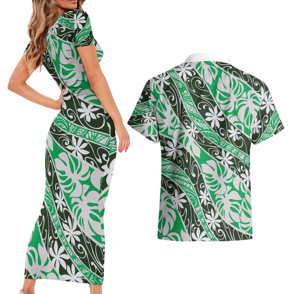 Matie Tahiti Tiare Monstera Couples Matching Short Sleeve Bodycon Dress and Hawaiian Shirt Polynesian Pattern Curve Style LT01 - Polynesian Pride