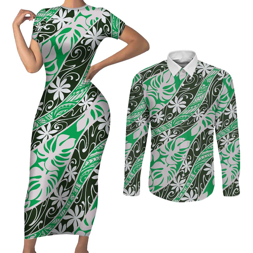 Matie Tahiti Tiare Monstera Couples Matching Short Sleeve Bodycon Dress and Long Sleeve Button Shirt Polynesian Pattern Curve Style LT01 Green - Polynesian Pride