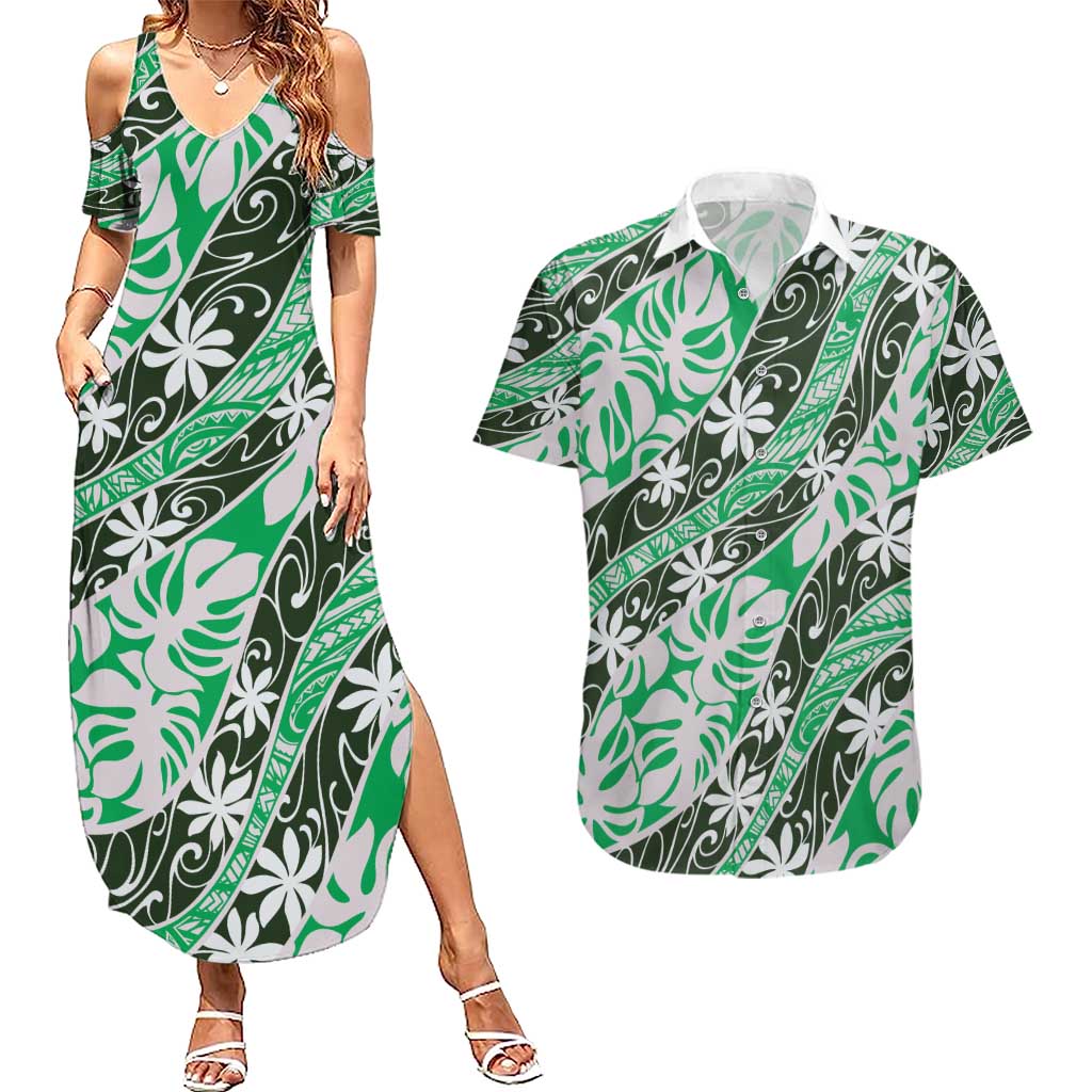 Matie Tahiti Tiare Monstera Couples Matching Summer Maxi Dress and Hawaiian Shirt Polynesian Pattern Curve Style LT01 Green - Polynesian Pride