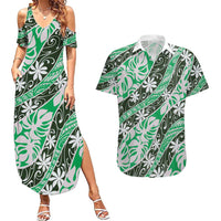 Matie Tahiti Tiare Monstera Couples Matching Summer Maxi Dress and Hawaiian Shirt Polynesian Pattern Curve Style LT01 Green - Polynesian Pride