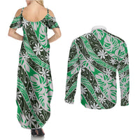 Matie Tahiti Tiare Monstera Couples Matching Summer Maxi Dress and Long Sleeve Button Shirt Polynesian Pattern Curve Style - Polynesian Pride