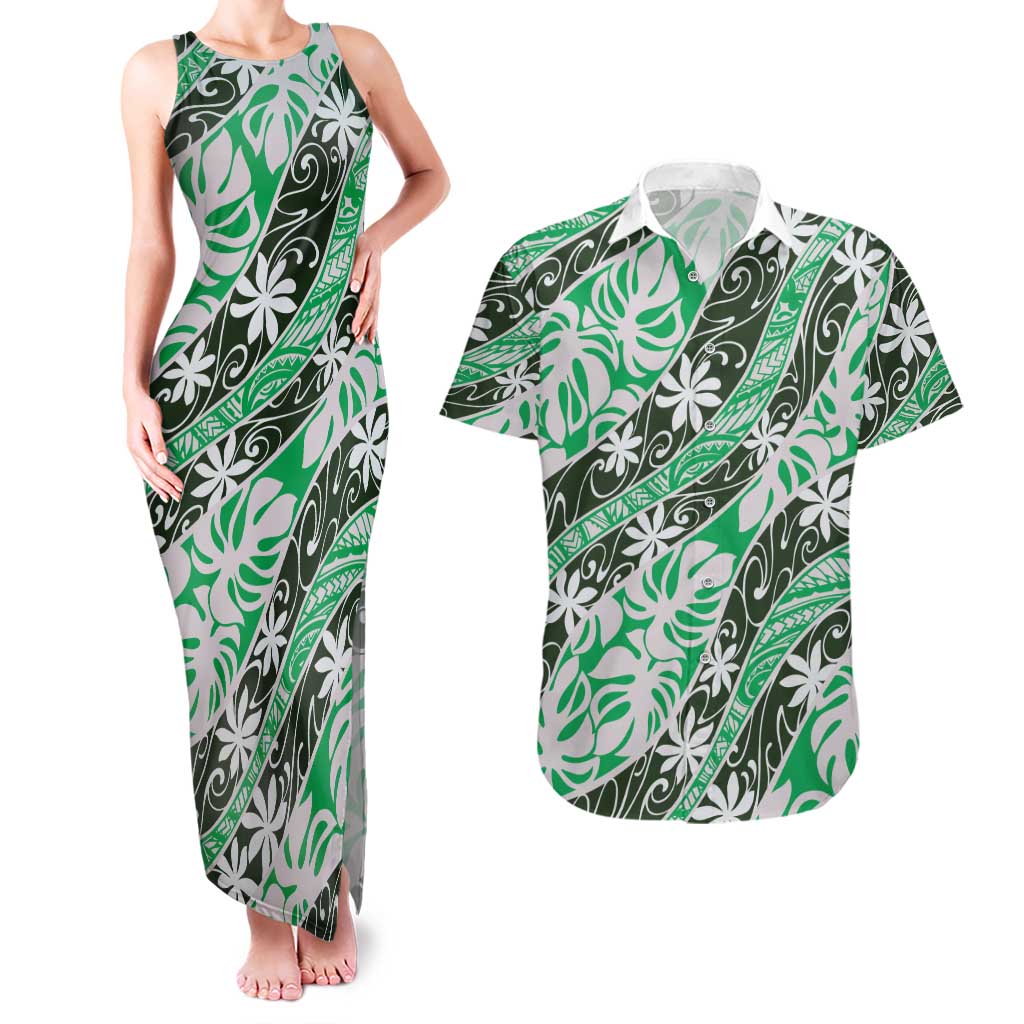 Matie Tahiti Tiare Monstera Couples Matching Tank Maxi Dress and Hawaiian Shirt Polynesian Pattern Curve Style LT01 Green - Polynesian Pride
