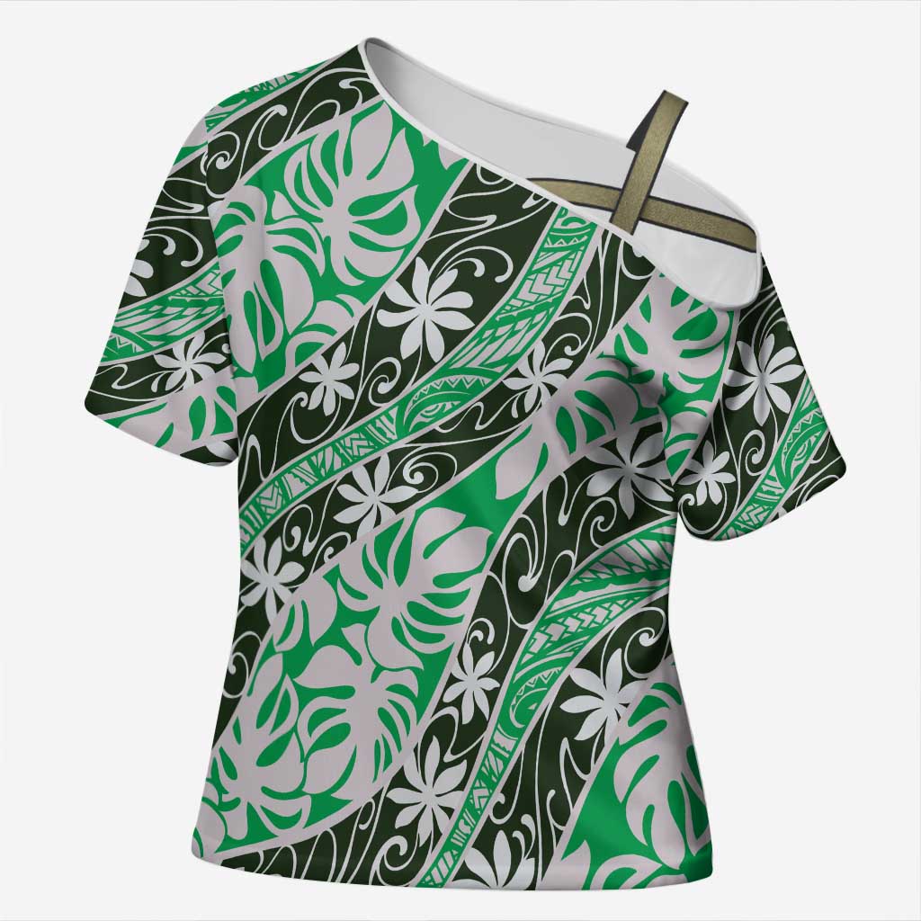 Matie Tahiti Tiare Monstera Cross Shoulder Shirt Polynesian Pattern Curve Style - Polynesian Pride