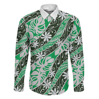Matie Tahiti Tiare Monstera Family Matching Long Sleeve Bodycon Dress and Hawaiian Shirt Polynesian Pattern Curve Style LT01 Dad's Shirt - Long Sleeve Green - Polynesian Pride