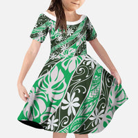 Matie Tahiti Tiare Monstera Family Matching Mermaid Dress and Hawaiian Shirt Polynesian Pattern Curve Style LT01 Daughter's Dress Green - Polynesian Pride