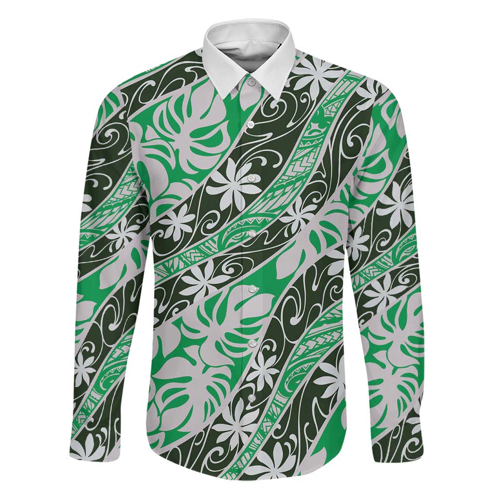 Matie Tahiti Tiare Monstera Family Matching Mermaid Dress and Hawaiian Shirt Polynesian Pattern Curve Style LT01 Dad's Shirt - Long Sleeve Green - Polynesian Pride