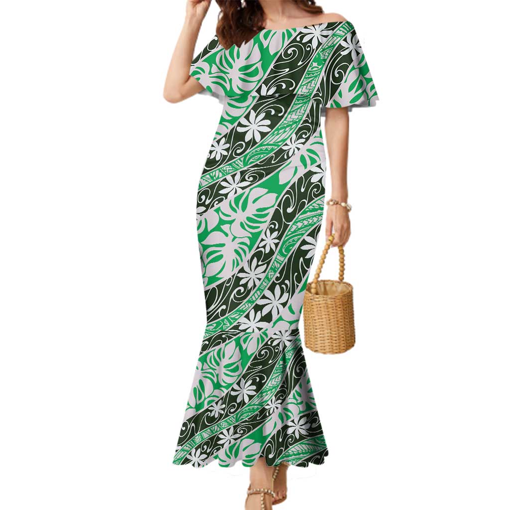 Matie Tahiti Tiare Monstera Family Matching Mermaid Dress and Hawaiian Shirt Polynesian Pattern Curve Style LT01 Mom's Dress Green - Polynesian Pride
