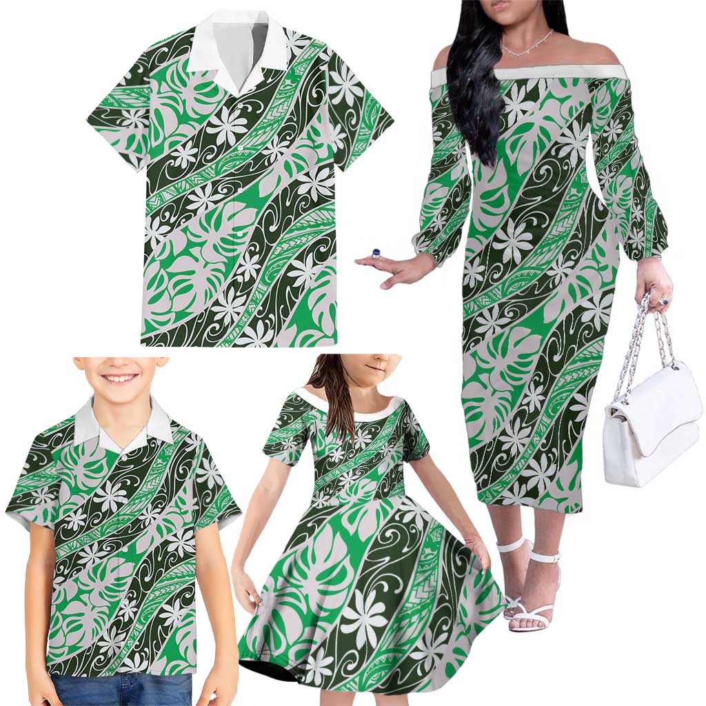 Matie Tahiti Tiare Monstera Family Matching Off The Shoulder Long Sleeve Dress and Hawaiian Shirt Polynesian Pattern Curve Style LT01 - Polynesian Pride