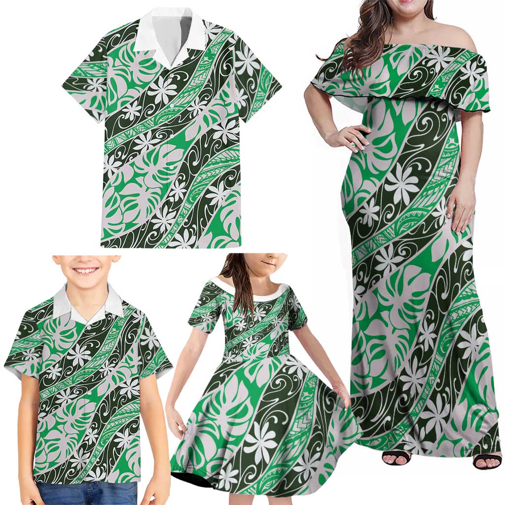 Matie Tahiti Tiare Monstera Family Matching Off Shoulder Maxi Dress and Hawaiian Shirt Polynesian Pattern Curve Style LT01 - Polynesian Pride