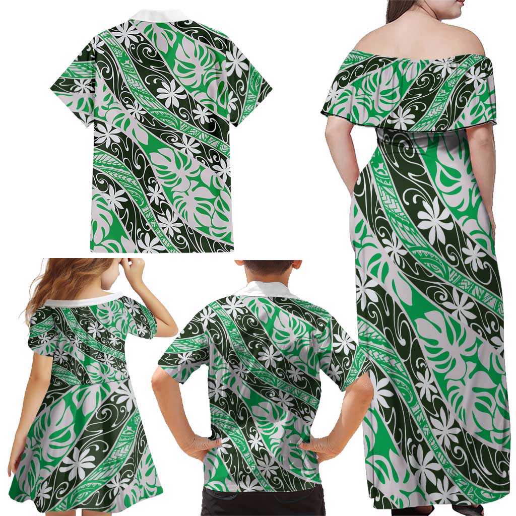 Matie Tahiti Tiare Monstera Family Matching Off Shoulder Maxi Dress and Hawaiian Shirt Polynesian Pattern Curve Style LT01 - Polynesian Pride
