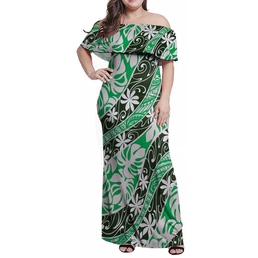 Matie Tahiti Tiare Monstera Family Matching Off Shoulder Maxi Dress and Hawaiian Shirt Polynesian Pattern Curve Style LT01 Mom's Dress Green - Polynesian Pride