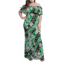 Matie Tahiti Tiare Monstera Family Matching Off Shoulder Maxi Dress and Hawaiian Shirt Polynesian Pattern Curve Style LT01 Mom's Dress Green - Polynesian Pride