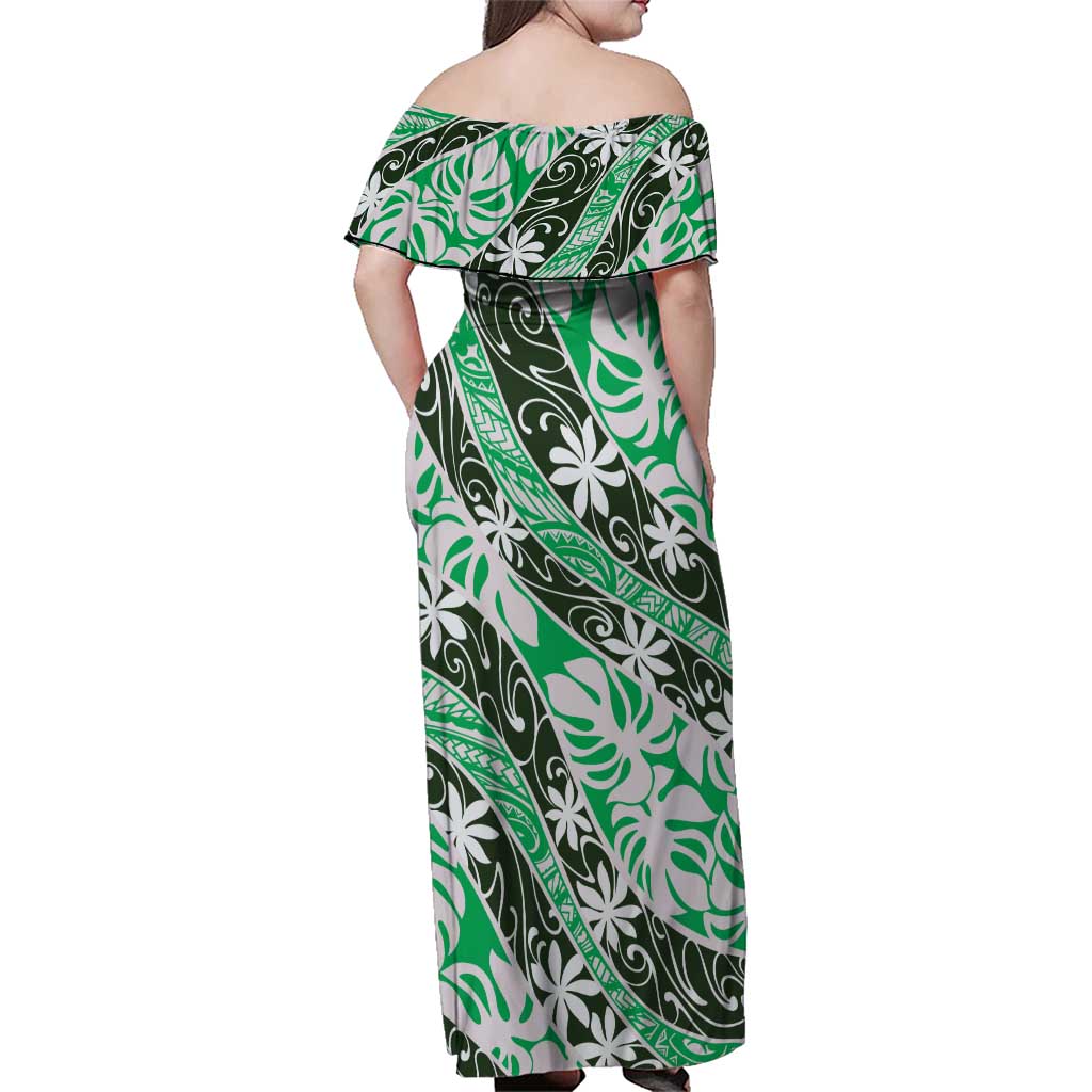 Matie Tahiti Tiare Monstera Family Matching Off Shoulder Maxi Dress and Hawaiian Shirt Polynesian Pattern Curve Style LT01 - Polynesian Pride