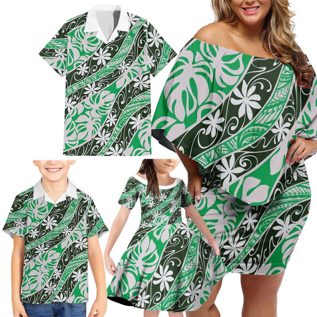 Matie Tahiti Tiare Monstera Family Matching Off Shoulder Short Dress and Hawaiian Shirt Polynesian Pattern Curve Style LT01 - Polynesian Pride