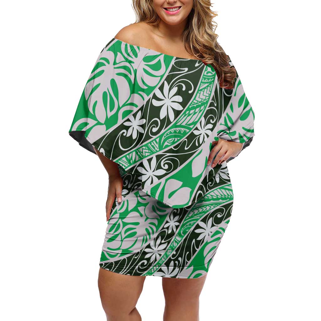 Matie Tahiti Tiare Monstera Family Matching Off Shoulder Short Dress and Hawaiian Shirt Polynesian Pattern Curve Style LT01 Mom's Dress Green - Polynesian Pride