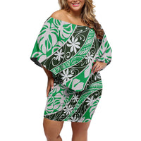 Matie Tahiti Tiare Monstera Family Matching Off Shoulder Short Dress and Hawaiian Shirt Polynesian Pattern Curve Style LT01 Mom's Dress Green - Polynesian Pride