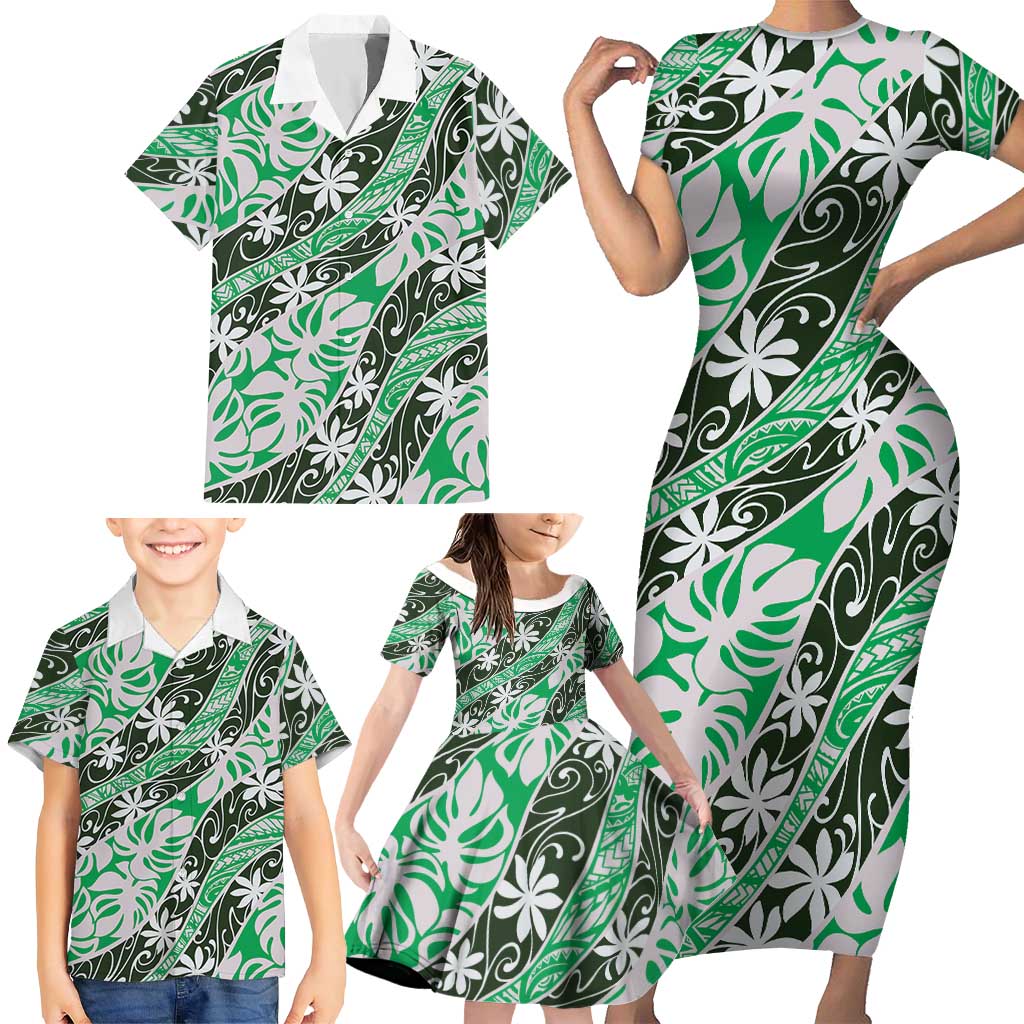 Matie Tahiti Tiare Monstera Family Matching Short Sleeve Bodycon Dress and Hawaiian Shirt Polynesian Pattern Curve Style LT01 - Polynesian Pride