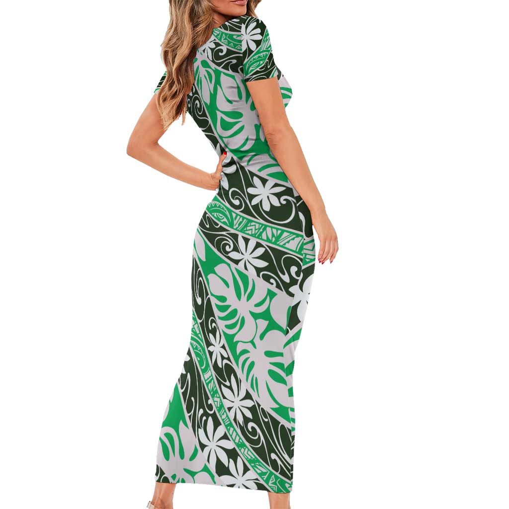 Matie Tahiti Tiare Monstera Family Matching Short Sleeve Bodycon Dress and Hawaiian Shirt Polynesian Pattern Curve Style LT01 - Polynesian Pride
