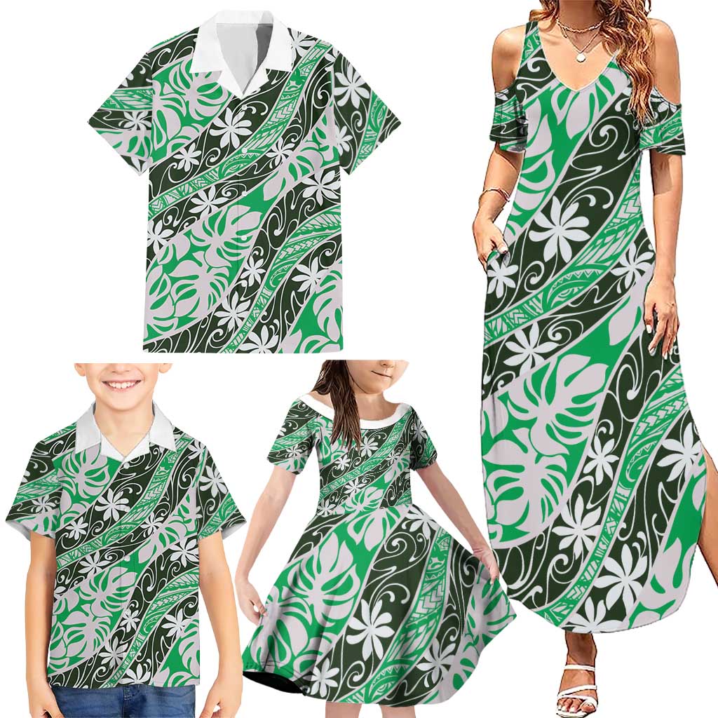 Matie Tahiti Tiare Monstera Family Matching Summer Maxi Dress and Hawaiian Shirt Polynesian Pattern Curve Style LT01 - Polynesian Pride