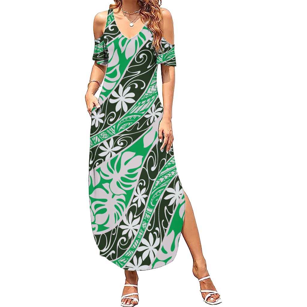 Matie Tahiti Tiare Monstera Family Matching Summer Maxi Dress and Hawaiian Shirt Polynesian Pattern Curve Style LT01 Mom's Dress Green - Polynesian Pride