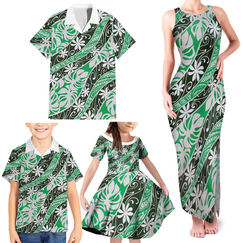 Matie Tahiti Tiare Monstera Family Matching Tank Maxi Dress and Hawaiian Shirt Polynesian Pattern Curve Style - Polynesian Pride