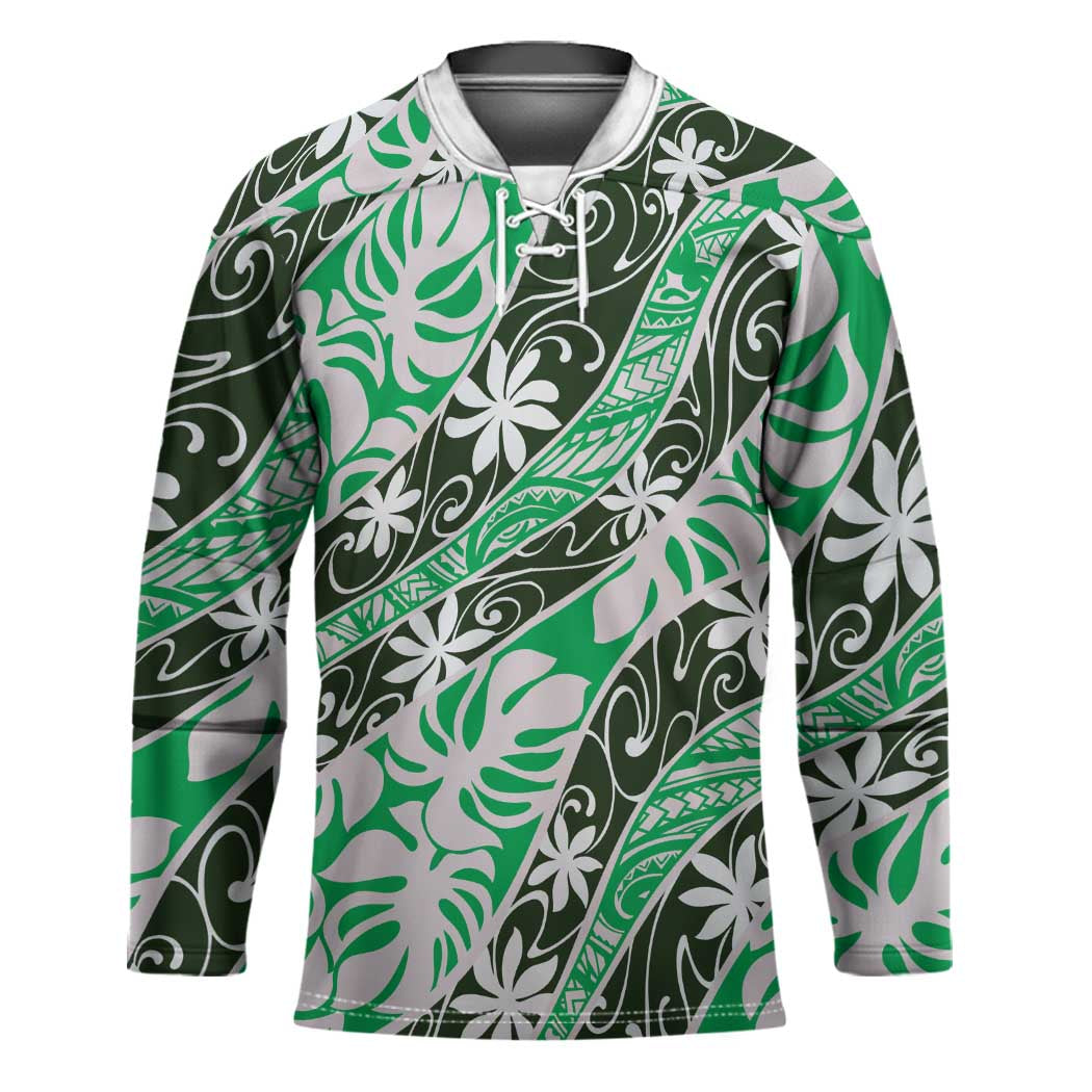 Matie Tahiti Tiare Monstera Hockey Jersey Polynesian Pattern Curve Style - Polynesian Pride
