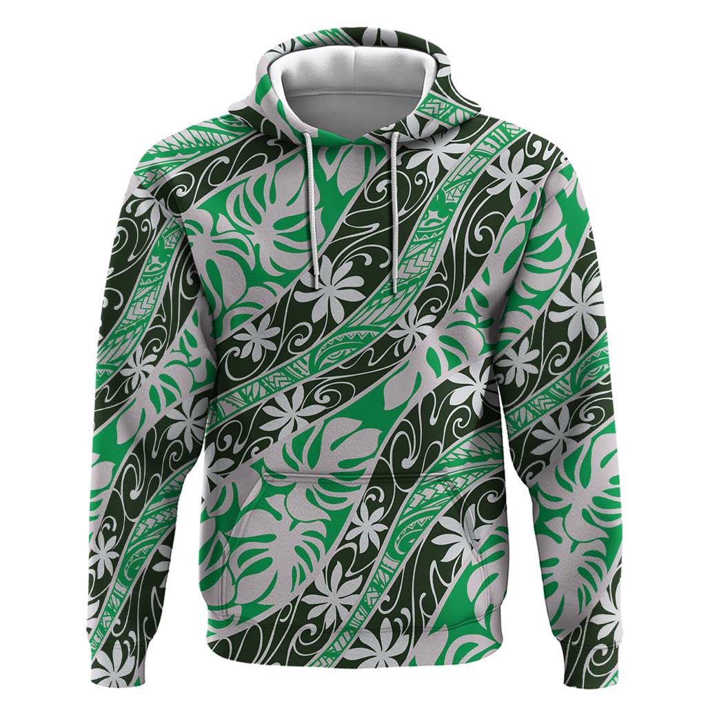 Matie Tahiti Tiare Monstera Hoodie Polynesian Pattern Curve Style LT01 Pullover Hoodie Green - Polynesian Pride