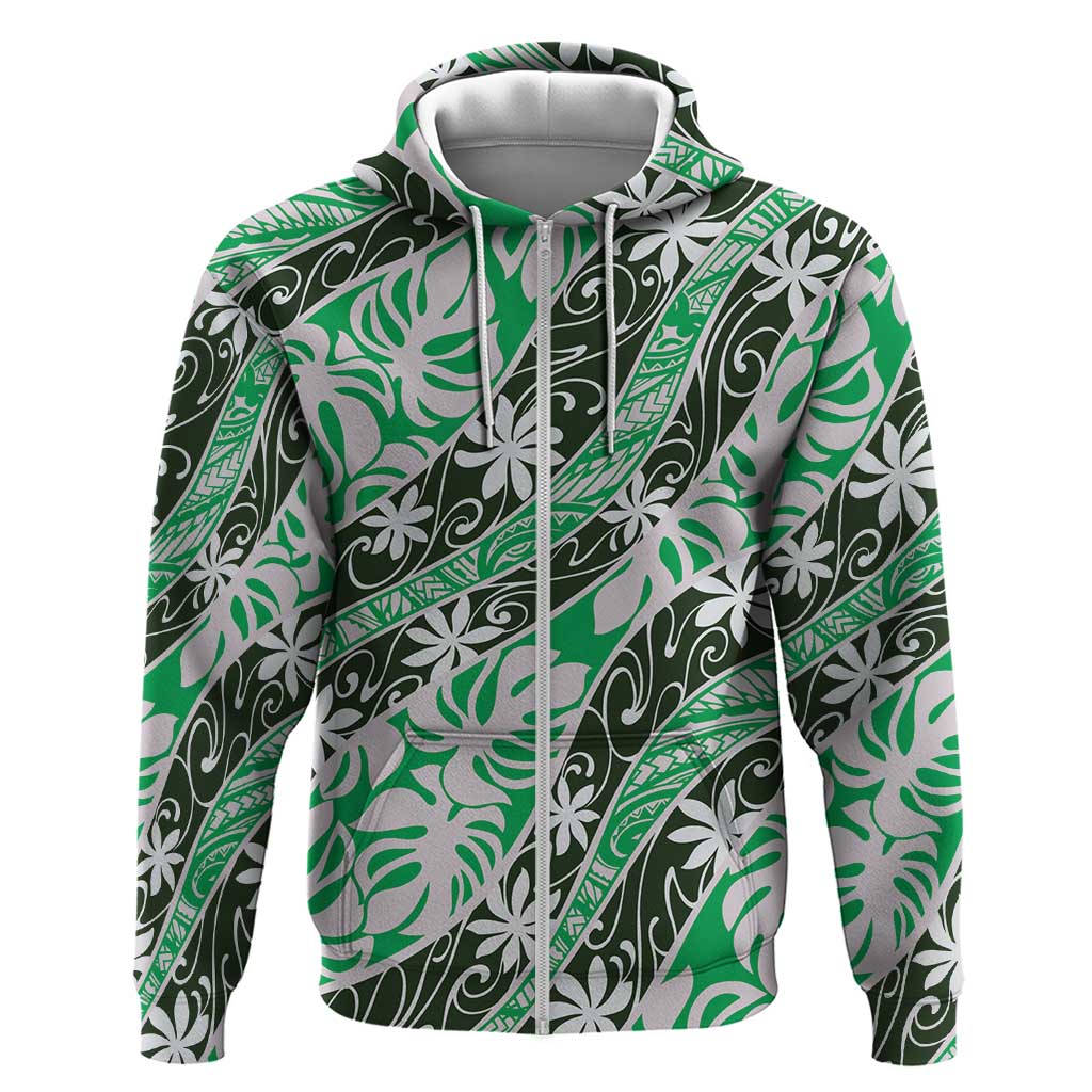 Matie Tahiti Tiare Monstera Hoodie Polynesian Pattern Curve Style LT01 Zip Hoodie Green - Polynesian Pride