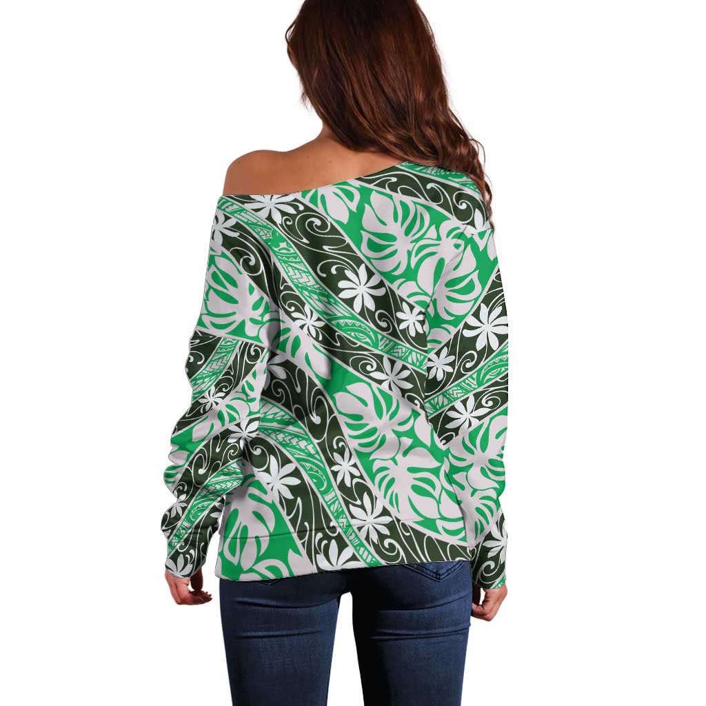 Matie Tahiti Tiare Monstera Off Shoulder Sweater Polynesian Pattern Curve Style LT01 - Polynesian Pride