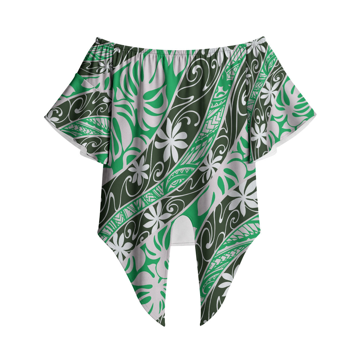 Matie Tahiti Tiare Monstera Off Shoulder Wrap Waist Top Polynesian Pattern Curve Style LT01 Green - Polynesian Pride