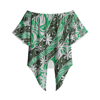 Matie Tahiti Tiare Monstera Off Shoulder Wrap Waist Top Polynesian Pattern Curve Style LT01 Green - Polynesian Pride