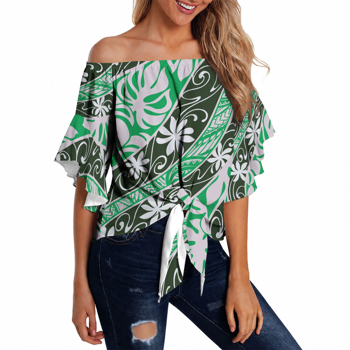 Matie Tahiti Tiare Monstera Off Shoulder Wrap Waist Top Polynesian Pattern Curve Style LT01 - Polynesian Pride