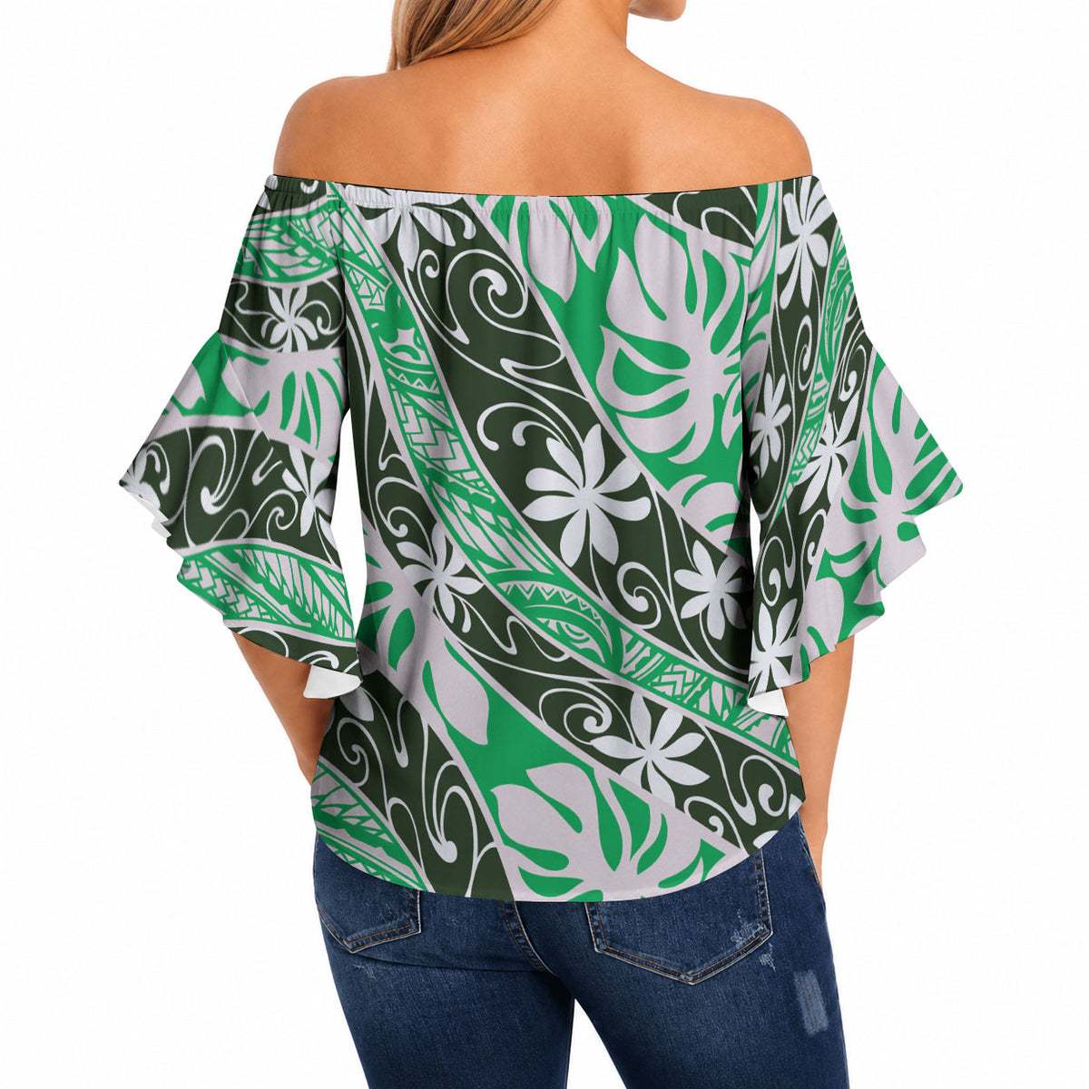Matie Tahiti Tiare Monstera Off Shoulder Wrap Waist Top Polynesian Pattern Curve Style LT01 - Polynesian Pride