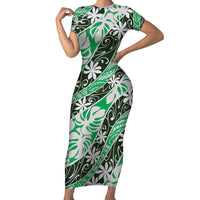 Matie Tahiti Tiare Monstera Short Sleeve Bodycon Dress Polynesian Pattern Curve Style - Polynesian Pride