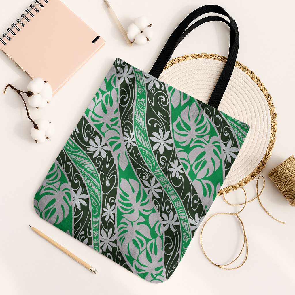Matie Tahiti Tiare Monstera Tote Bag Polynesian Pattern Curve Style LT01 Black Strap One Size Green - Polynesian Pride