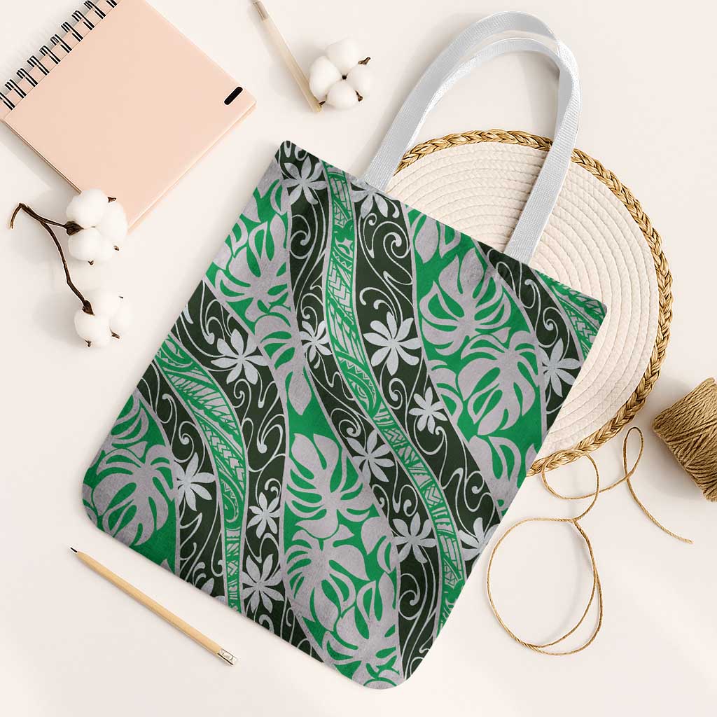 Matie Tahiti Tiare Monstera Tote Bag Polynesian Pattern Curve Style LT01 White Strap One Size Green - Polynesian Pride