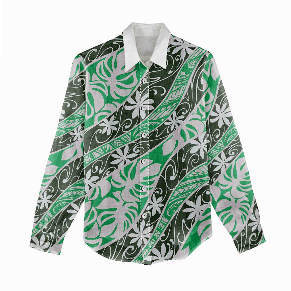 Matie Tahiti Tiare Monstera Women Casual Shirt Polynesian Pattern Curve Style - Polynesian Pride