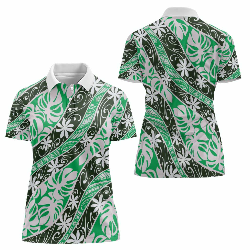 Matie Tahiti Tiare Monstera Women Polo Shirt Polynesian Pattern Curve Style - Polynesian Pride