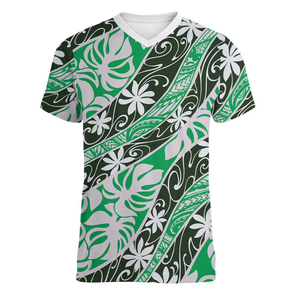 Matie Tahiti Tiare Monstera Women V-Neck T-Shirt Polynesian Pattern Curve Style - Polynesian Pride