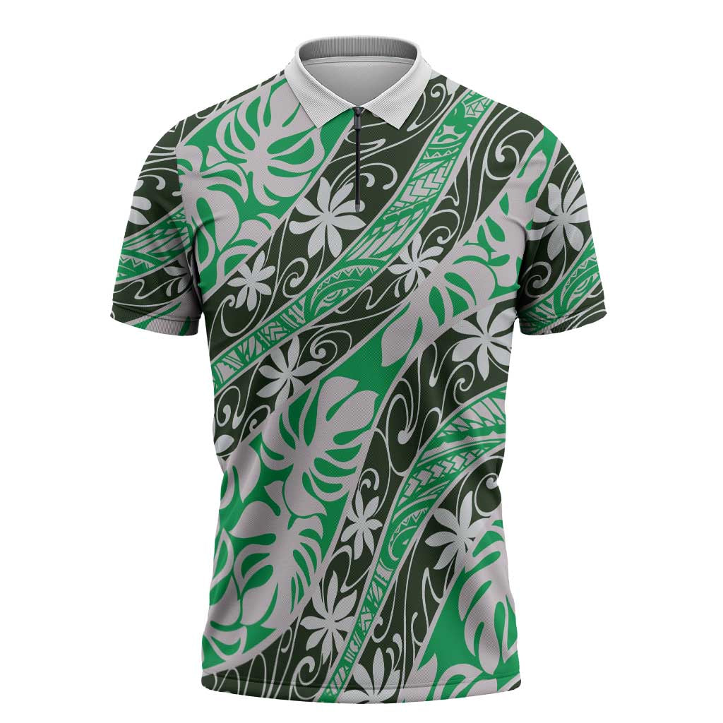 Matie Tahiti Tiare Monstera Zipper Polo Shirt Polynesian Pattern Curve Style - Polynesian Pride