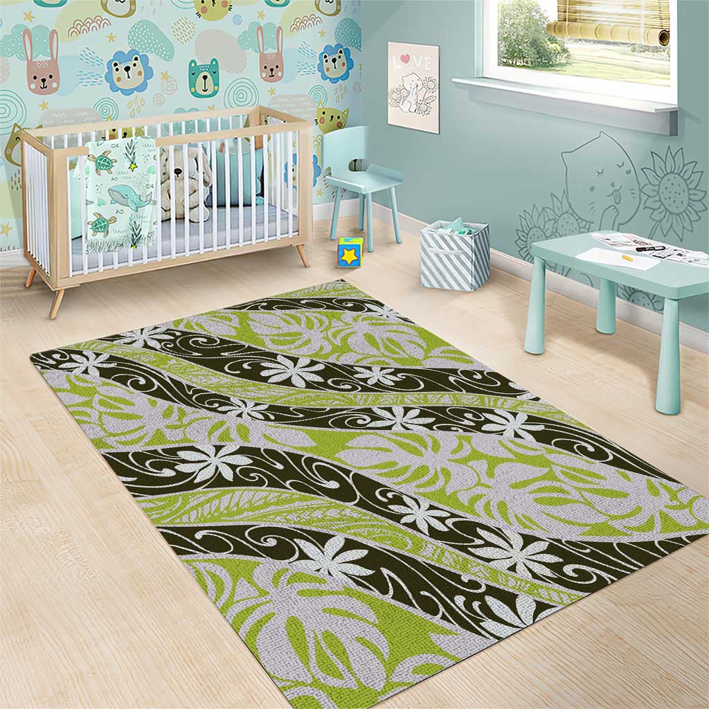 Olive Tahiti Tiare Monstera Area Rug Polynesian Pattern Curve Style - Polynesian Pride