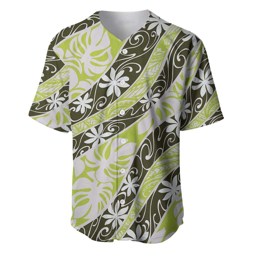 Olive Tahiti Tiare Monstera Baseball Jersey Polynesian Pattern Curve Style - Polynesian Pride