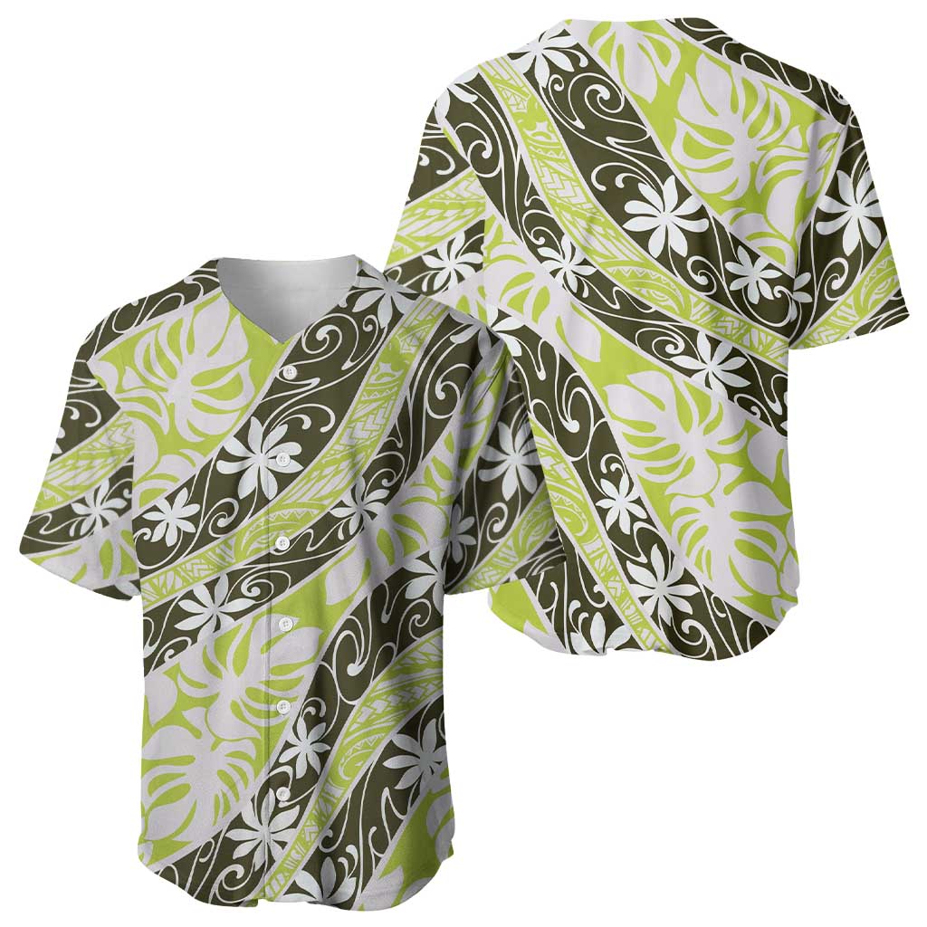 Olive Tahiti Tiare Monstera Baseball Jersey Polynesian Pattern Curve Style - Polynesian Pride