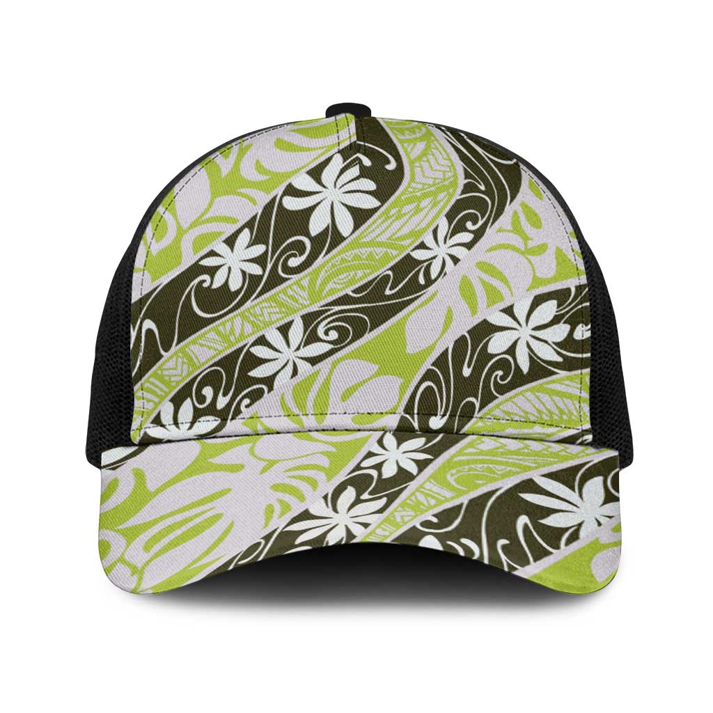 Olive Tahiti Tiare Monstera Baseball Net Cap Polynesian Pattern Curve Style - Polynesian Pride