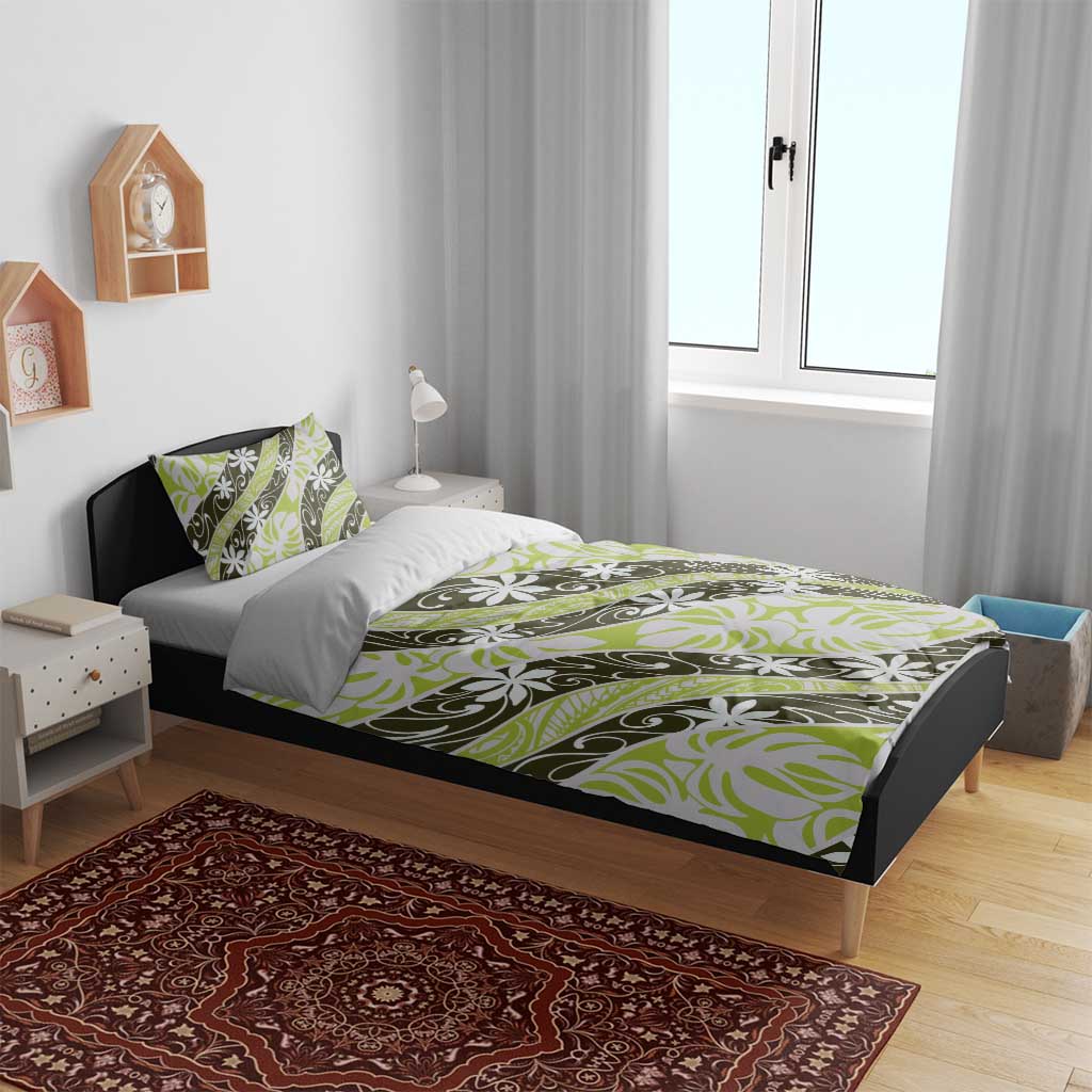 Olive Tahiti Tiare Monstera Bedding Set Polynesian Pattern Curve Style - Polynesian Pride