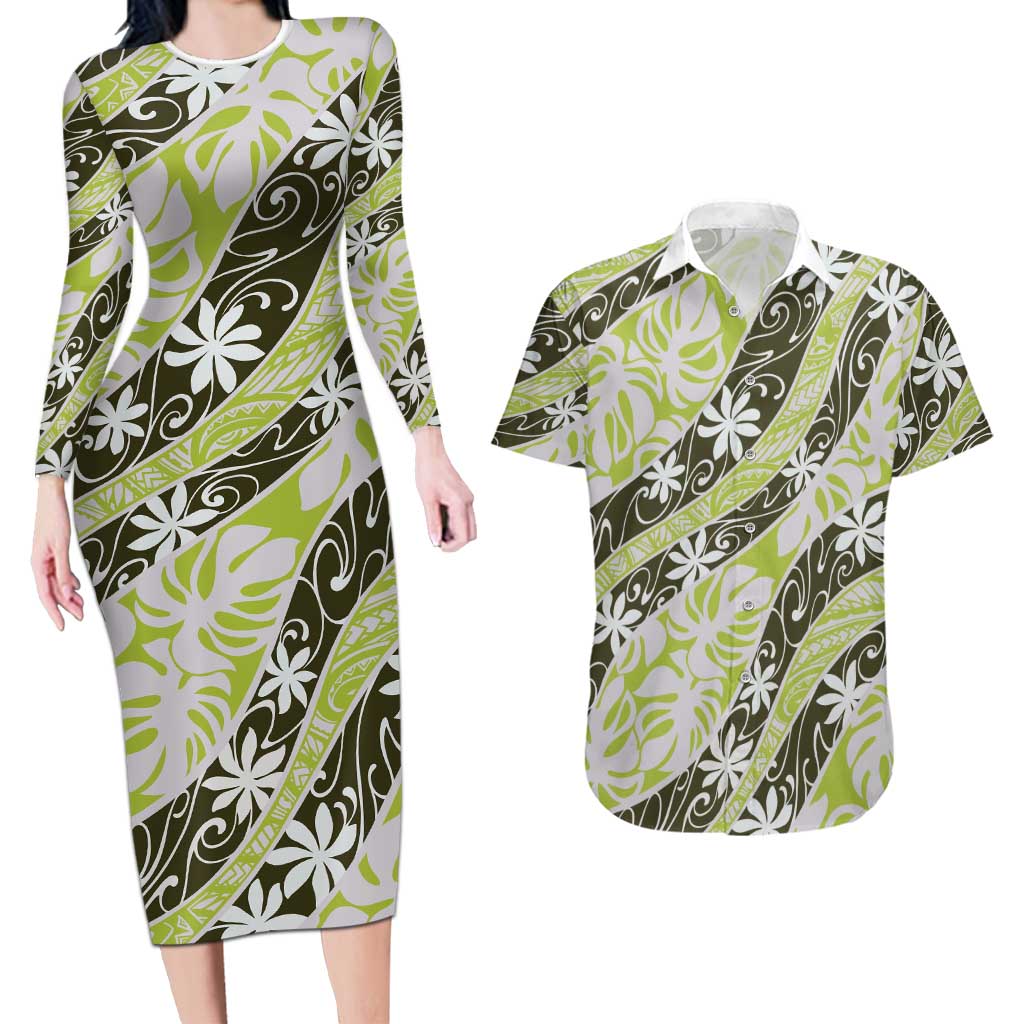 Olive Tahiti Tiare Monstera Couples Matching Long Sleeve Bodycon Dress and Hawaiian Shirt Polynesian Pattern Curve Style LT01 Olive - Polynesian Pride